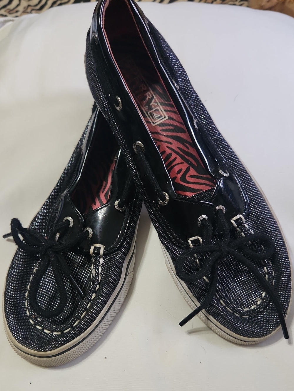 Sperry Black Glitter'Biscayne' Top Siders Moccasin Boat Shoes with Bow